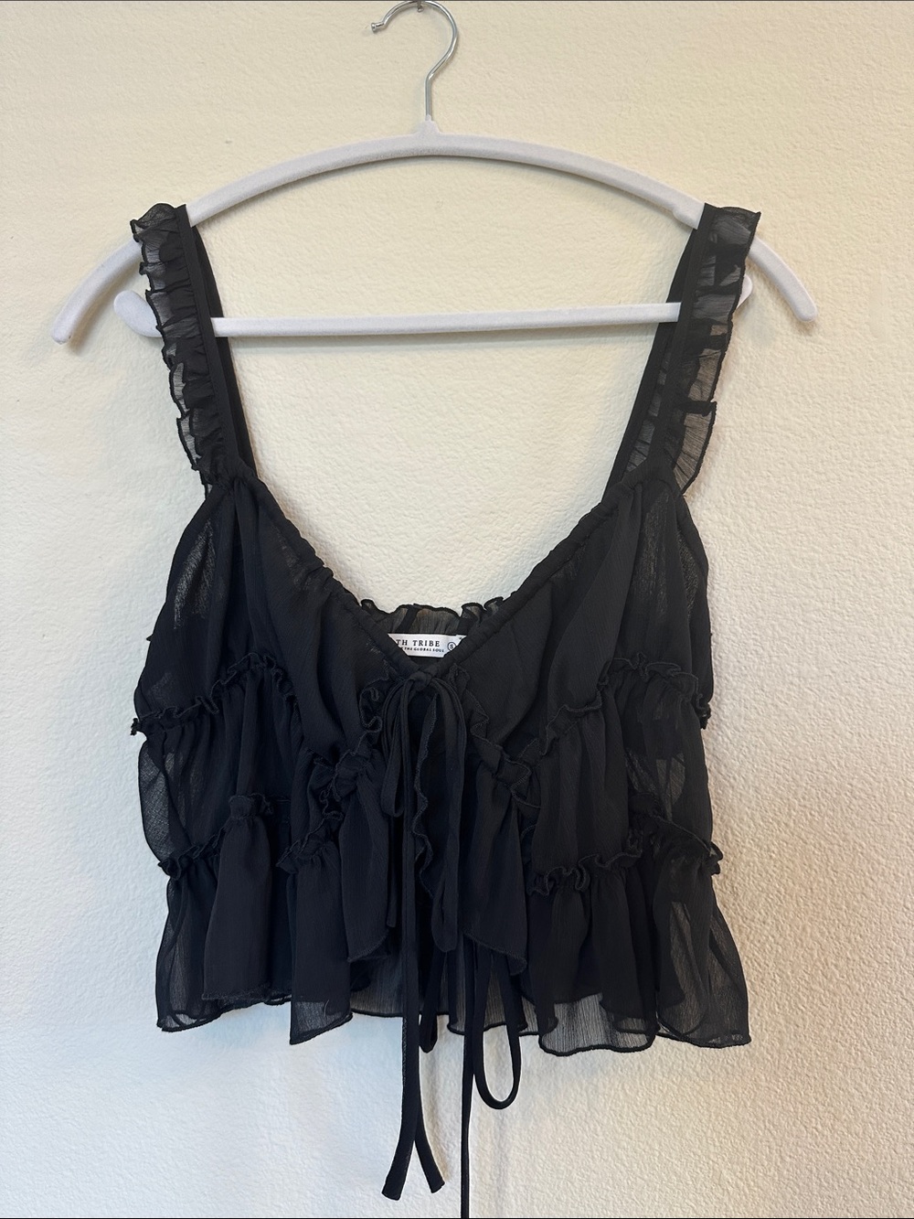 Black Ruffled Sheer Tie-Front Crop Top